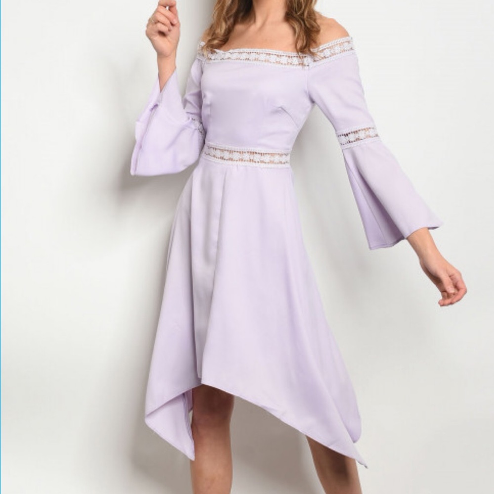 Off-Shoulder Asymmetrical Lilac Dress with Lace Trim